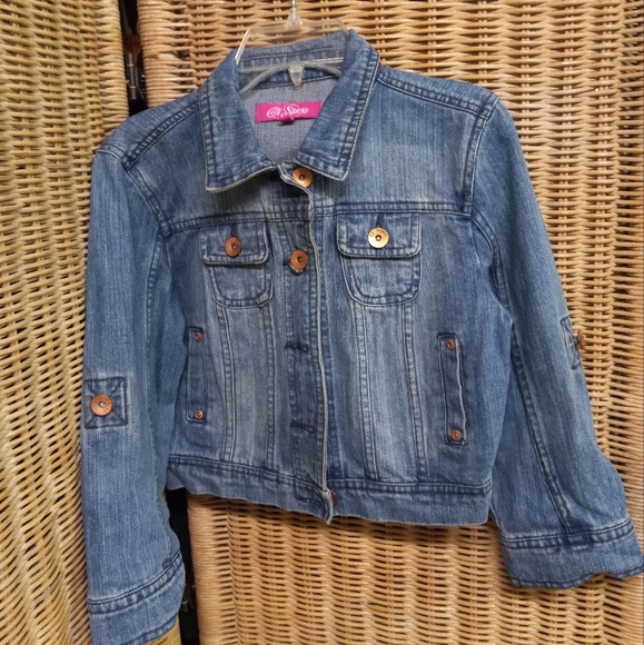 CI Sono Girls Jean Jacket Blue Distressed Denim Sleeves Conversion Size  S/Ch - Picture 2 of 4